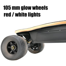 Load image into Gallery viewer, glow wheels of Puaida P7B ,Puaida P7B Electric Skateboard - Dual Belt Drive Motors, Glow Wheels, 28 mph Top Speed, 25 Mile Max Range, Remote Included - Experience the Puaida P7, equipped with dual belt drive motors for a top speed of 28 mph, glow wheels for added style, and an impressive max range of 25 miles. Effortlessly control your ride with the included remote for a thrilling and illuminated electric skateboarding adventure.
