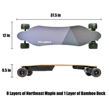 Load image into Gallery viewer, Size of Puaida P7B electric skateboard,Puaida P7B Electric Skateboard - Dual Belt Drive Motors, Glow Wheels, 28 mph Top Speed, 25 Mile Max Range, Remote Included - Experience the Puaida P7, equipped with dual belt drive motors for a top speed of 28 mph, glow wheels for added style, and an impressive max range of 25 miles. Effortlessly control your ride with the included remote for a thrilling and illuminated electric skateboarding adventure.
