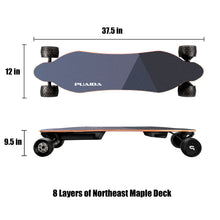 Load image into Gallery viewer, size of puaida p7 electric skateboard ,Elevate Your Ride: Puaida P7 Dual Hub Motor Electric Skateboard with Glow Wheels - Experience the thrill with a top speed of 28 mph and a max range of 25 miles. Illuminate your journey with vibrant glow wheels and effortlessly control your ride with the included remote. Unleash the power of Puaida P7 for an exhilarating electric skateboarding adventure.
