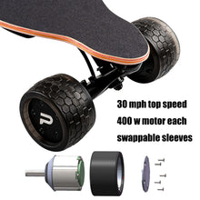 Load image into Gallery viewer, Elevate Your Ride: Puaida P7 Dual Hub Motor Electric Skateboard with Glow Wheels - Experience the thrill with a top speed of 28 mph and a max range of 25 miles. Illuminate your journey with vibrant glow wheels and effortlessly control your ride with the included remote. Unleash the power of Puaida P7 for an exhilarating electric skateboarding adventure.
